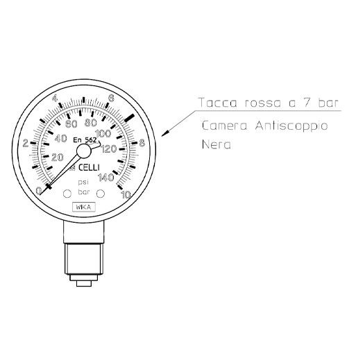 CO2 PR.GAUGE SK BOTTOM SCALE 10Bar RED NOTCH 7 Bar W/ANTIBUR