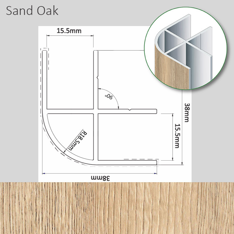 Echantillon Cornière d'Angle Alu 15mm 38x38x120mm Chêne Sable