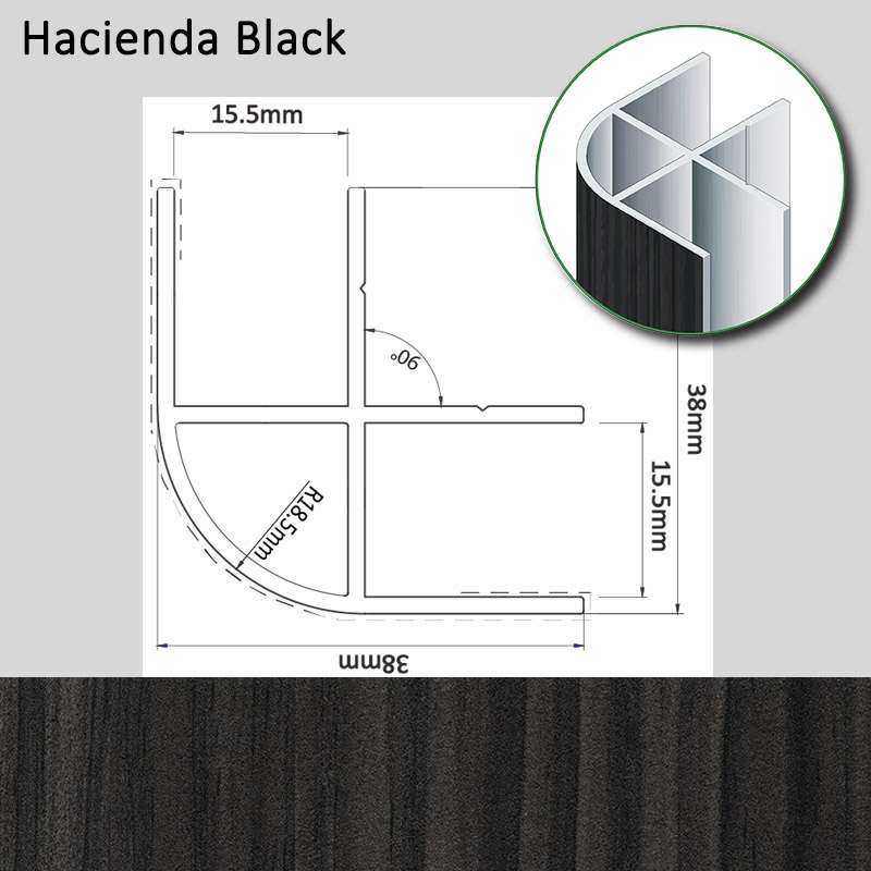 Echantillon Cornière d'Angle Alu 15mm 38x38x120mm Noir Hacienda