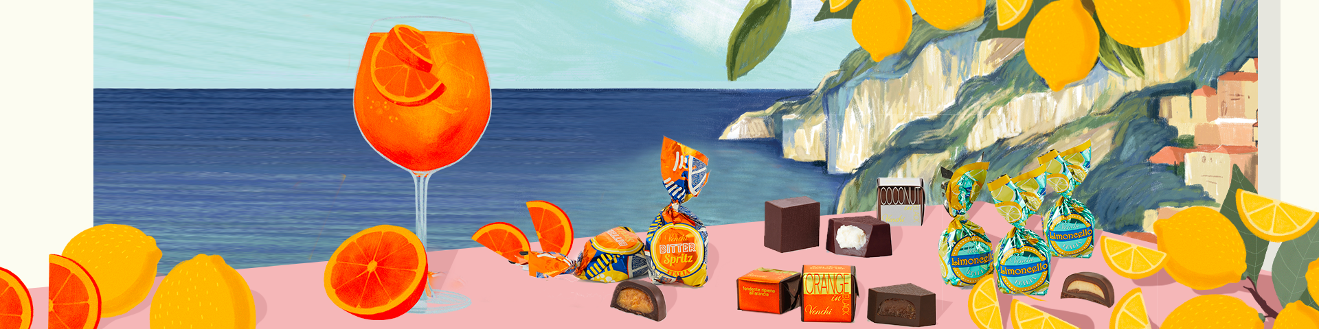L'immagine mostra una vista sulla costiera Amalfitana illustrata con una scogliera sul mare e acque cristalline. In primo piano i prodotti Venchi perfetti per l'estate con limoncello cocco o arancia