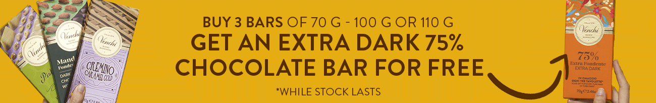 Buy 3 bars of 70g - 100 g or 110g, Get an extra Dark 75% chocolate bar for free *while stock lasts