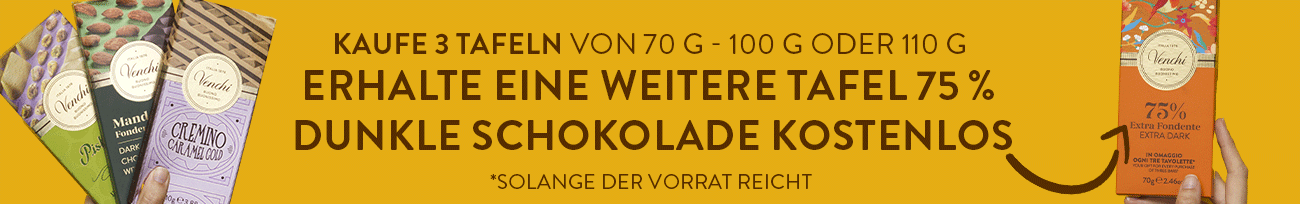 Kaufe 3 tafeln von 70g - 100g oder 100g erhalte eine weitere tafel 75% dunkle schokolade kostenlos *solange der vorrat reicht
