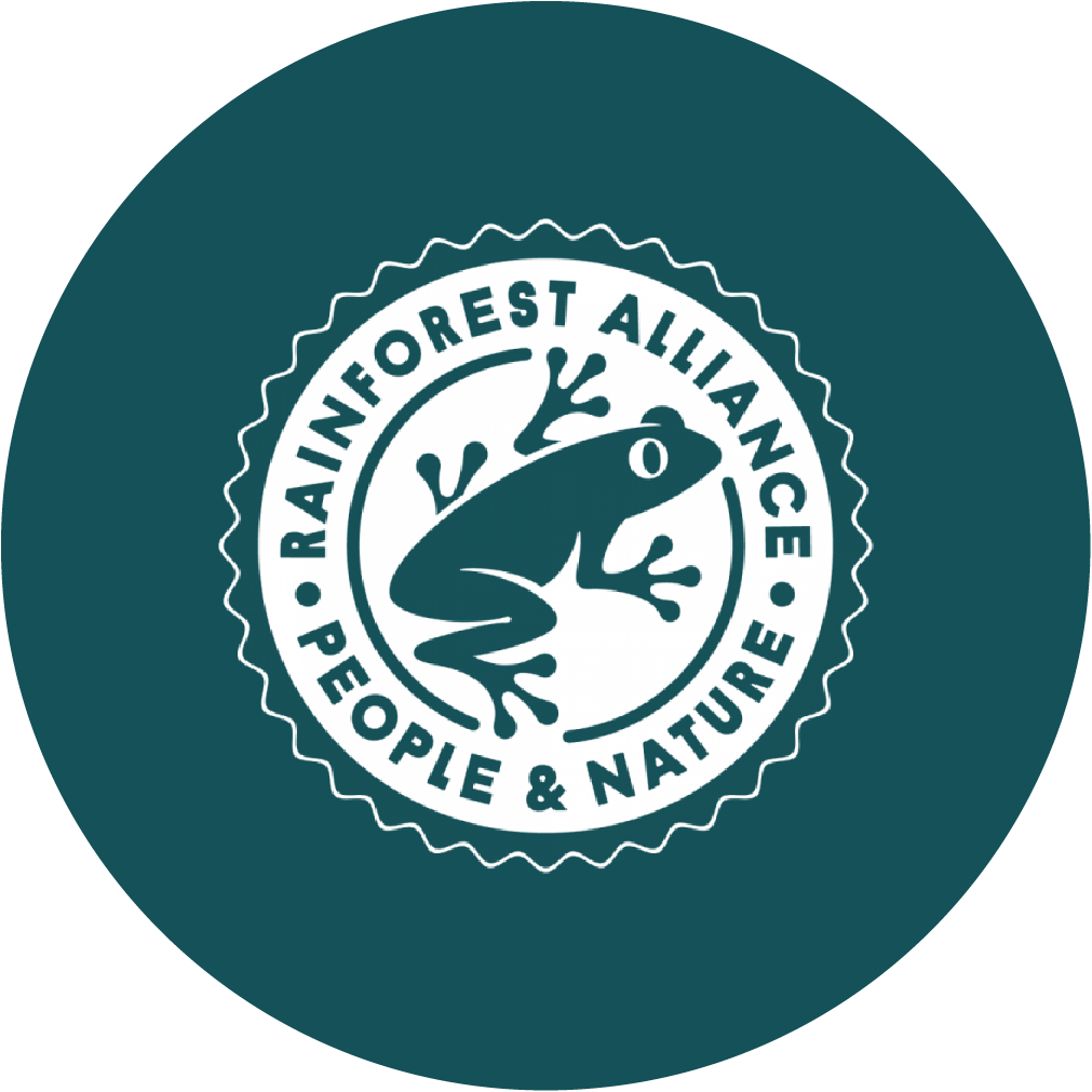 Logo of the Rainforest Alliance featuring a frog, surrounded by the text "Rainforest Alliance" and "People & Nature."