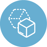 A blue circular icon featuring a white cube and a dashed outline of a geometric shape.