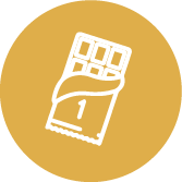 An icon of a chocolate bar wrapped with a number "1" on a yellow circular background.