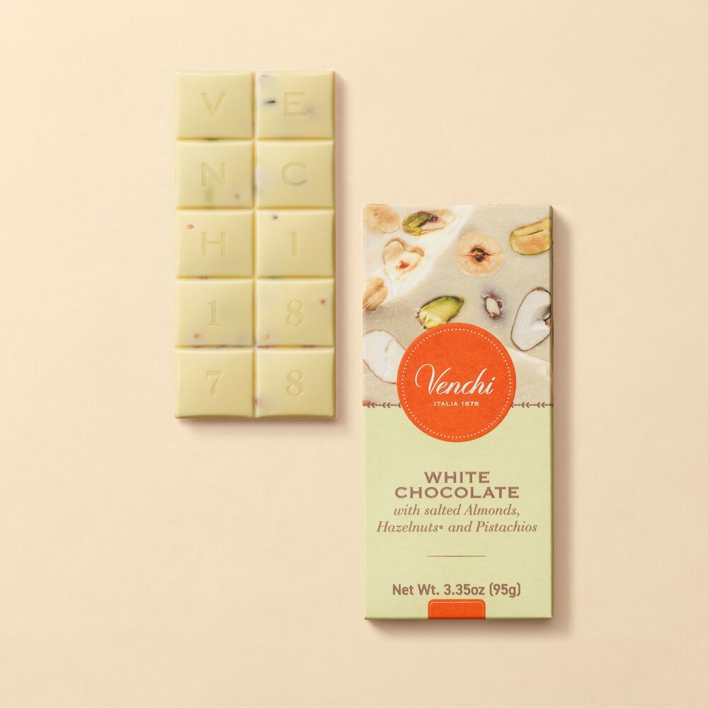 A white chocolate bar with hazelnuts, almonds and lightly-salted pistachios. Buy now!
