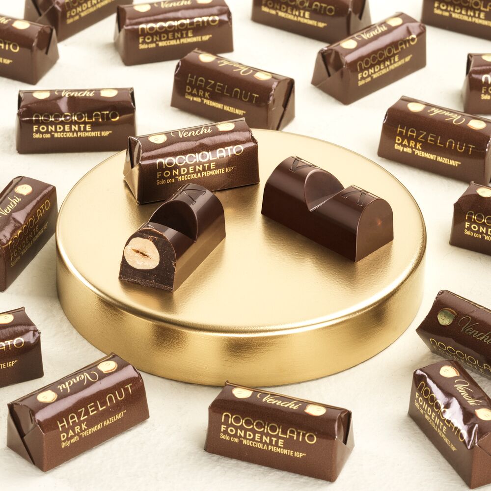Dark chocolate 60% with crunchy PGI Piedmont Hazelnuts. Vegan. Gluten free. Buy online!