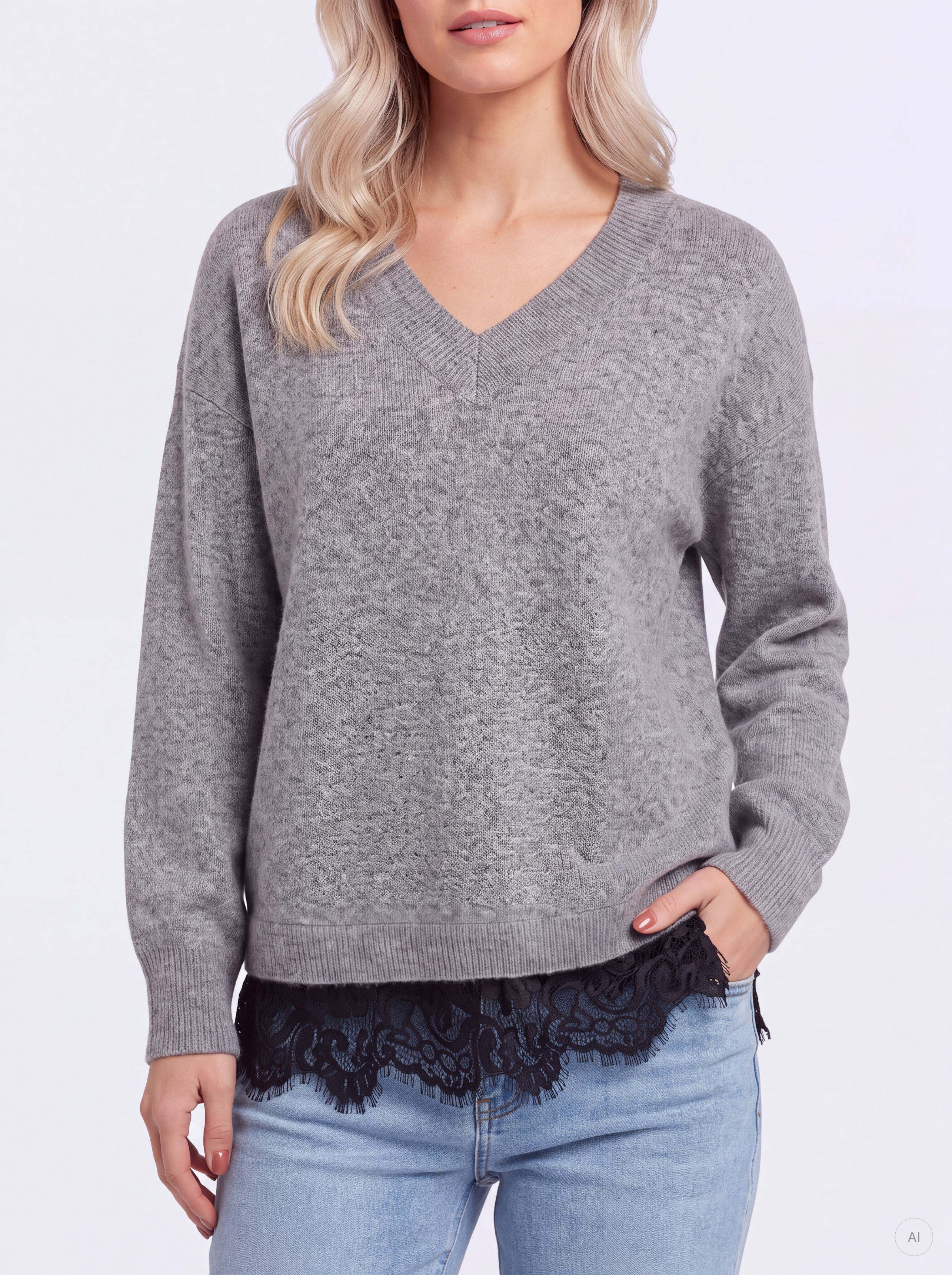 STUELLINOR L/S V-NECK LACE PULLOVER KNT - 2