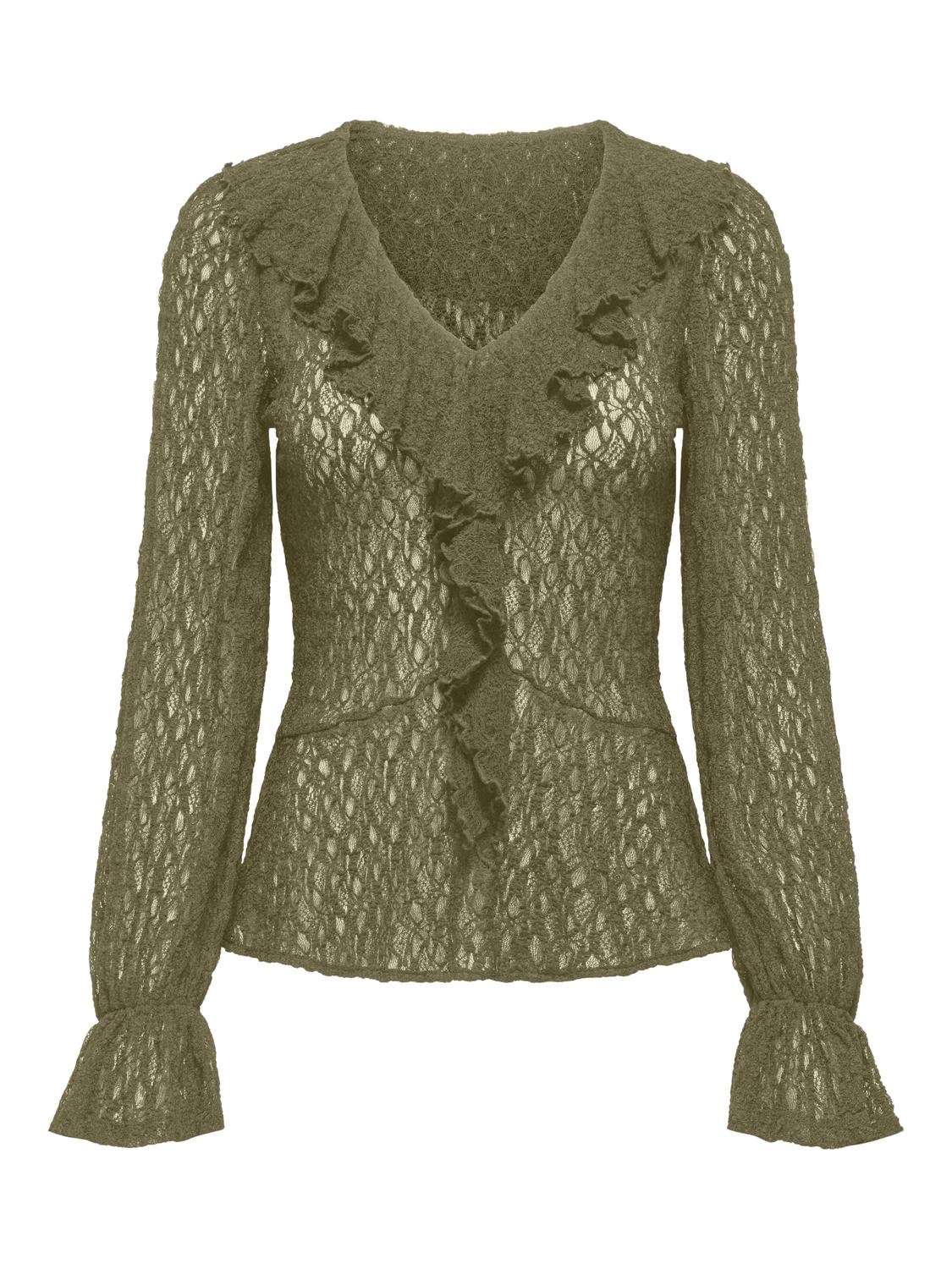 STUHALLA T-shirt à manches longues à col en V avec volants pour l’automne