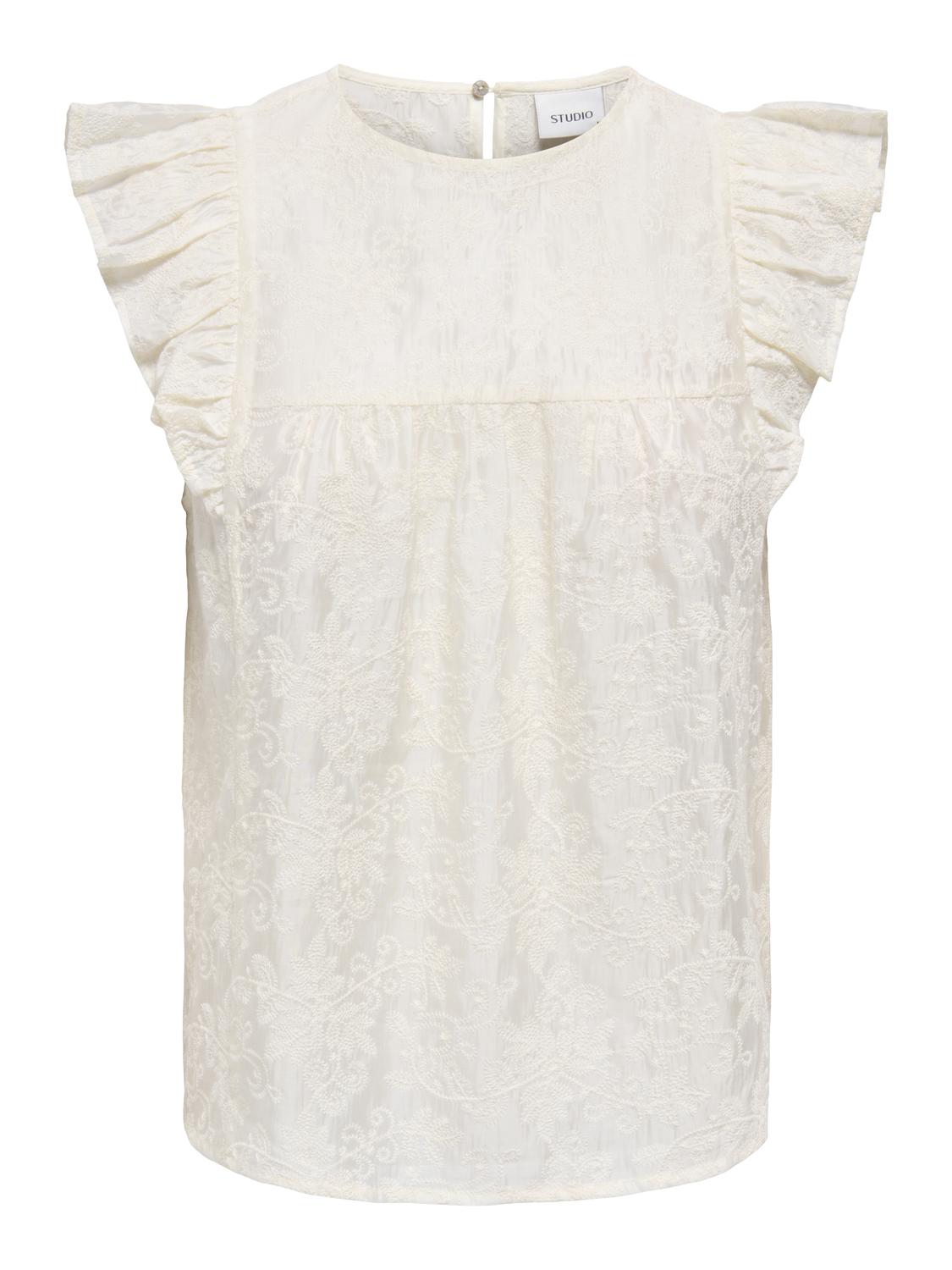 STUALAIA S/L SHEER EMB. FLOUNCE TOP WVN