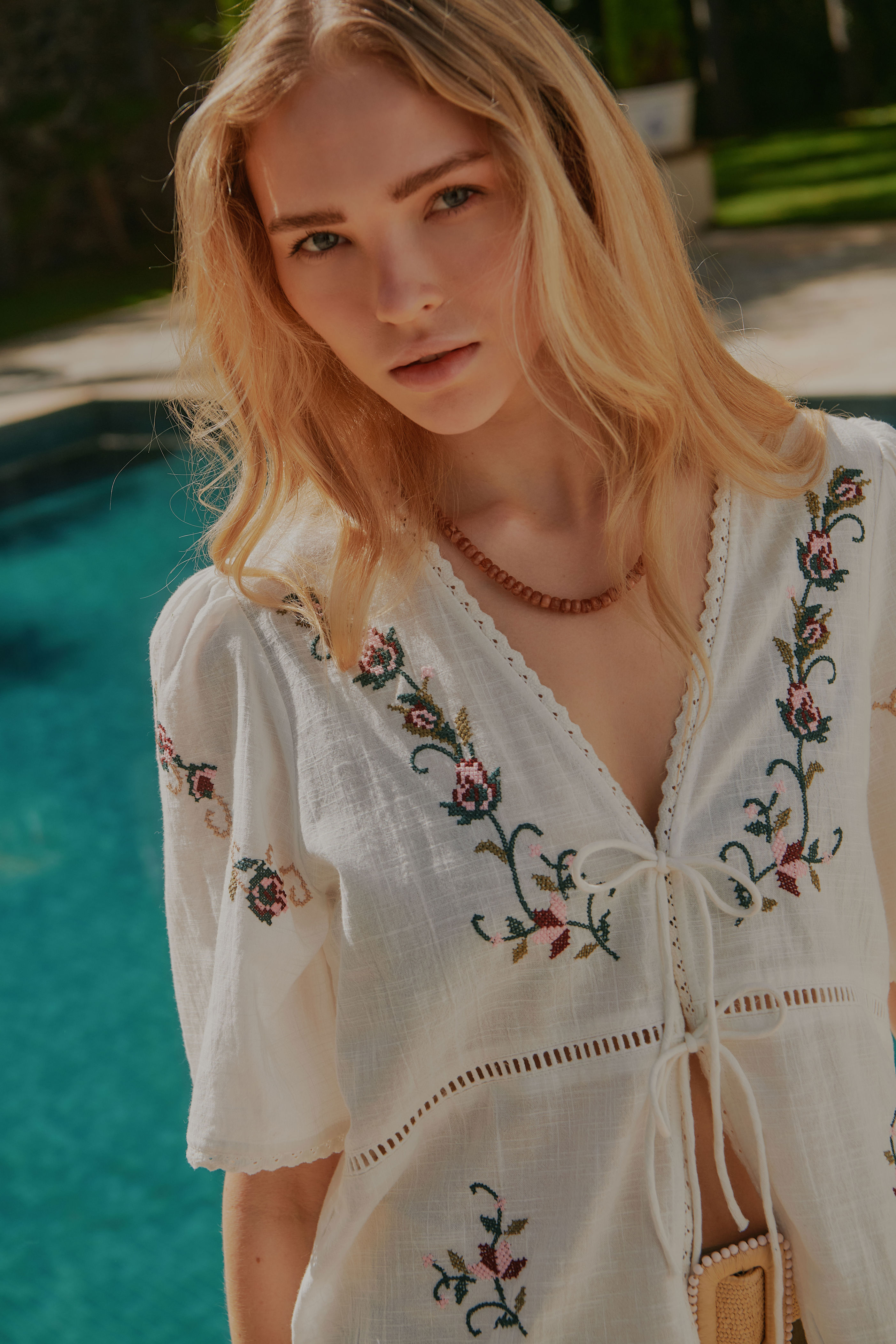 PGRANDI EMB S/S TIE TOP WVN