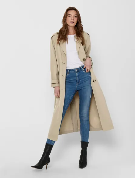 ONLLINE Lang trenchcoat med knaplukning og mavebælte