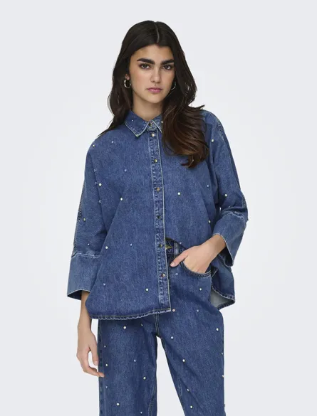 ONLGRACE Oversize Fit Jeanshemd mit 3/4 Ärmeln