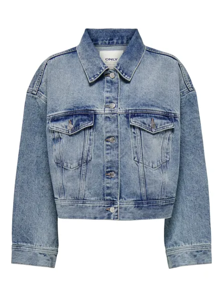 ONLLEIGH Kort denimjakke med sænkede skuldre og lynlåslommer foran