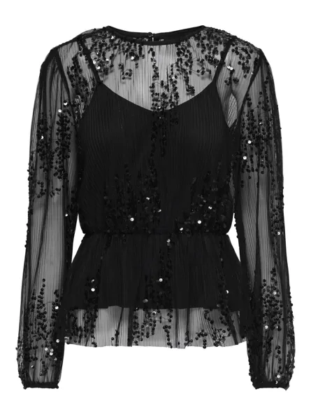 ONLBLAIR PLISSE SEQUINS LS TOP WVN