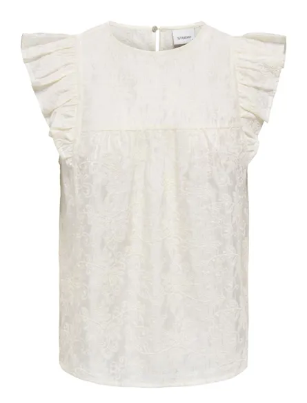 STUALAIA S/L SHEER EMB. FLOUNCE TOP WVN