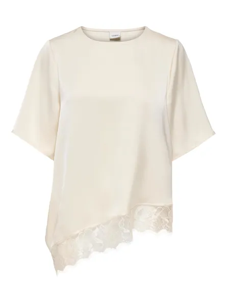 STURIA SATIN S/S LACE ASYM TOP WVN