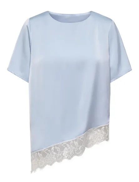 STURIA SATIN S/S LACE ASYM TOP WVN