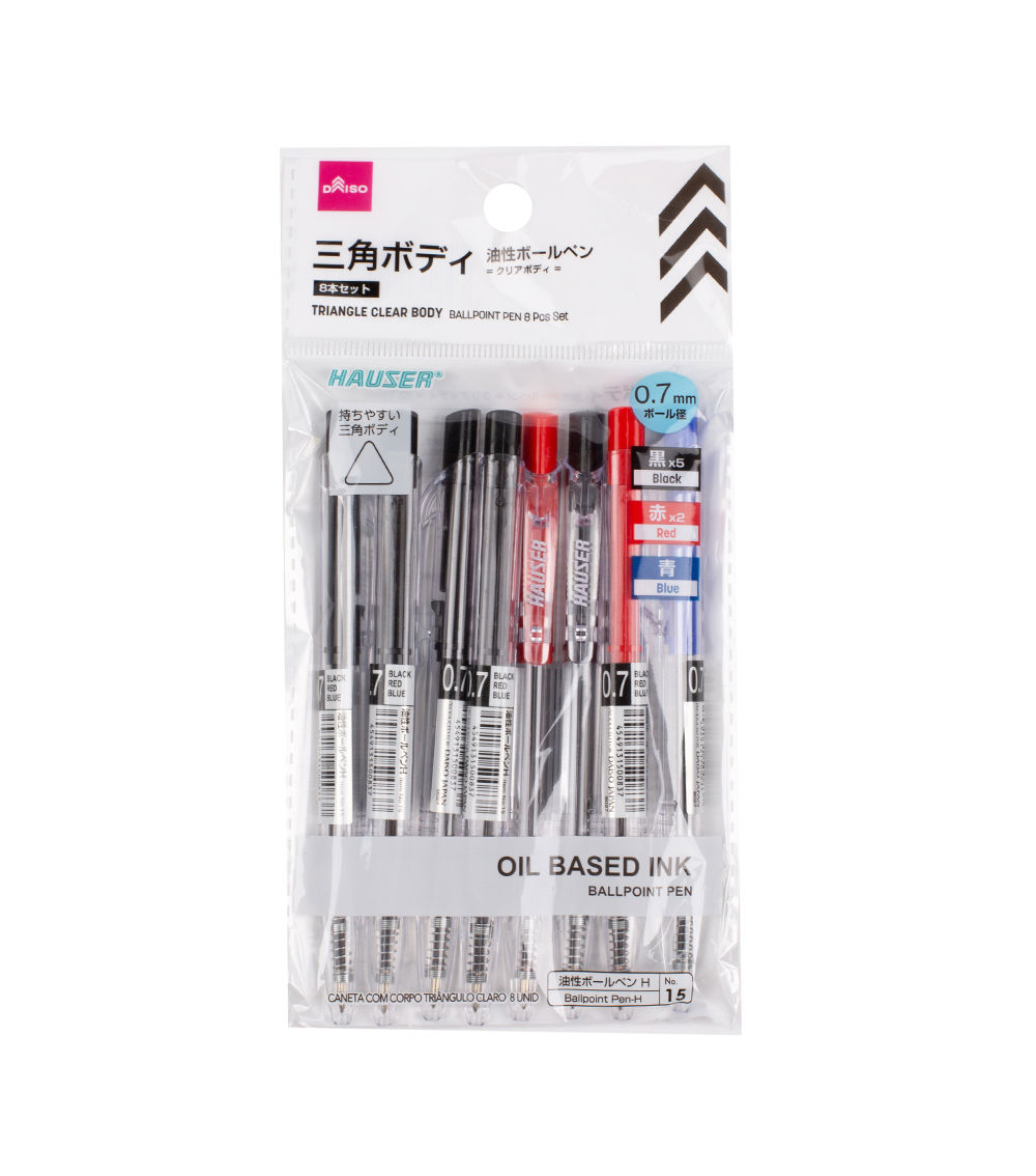 Triangle Clear Body Ballpoint Pen Set – 8 Pcs (0.7 mm)