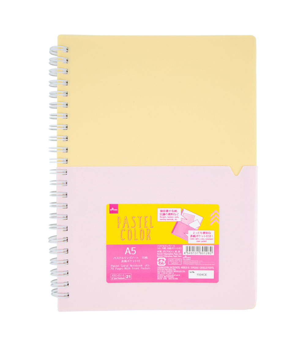 Pastel Spiral Notebook -A5 - 70 Pages - With Front Pocket-