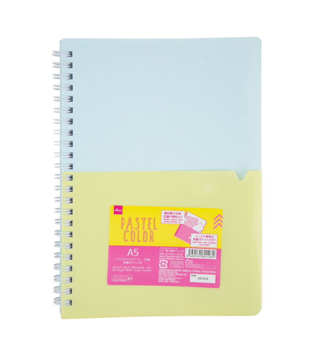 Pastel Spiral Notebook -A5 - 70 Pages - With Front Pocket-