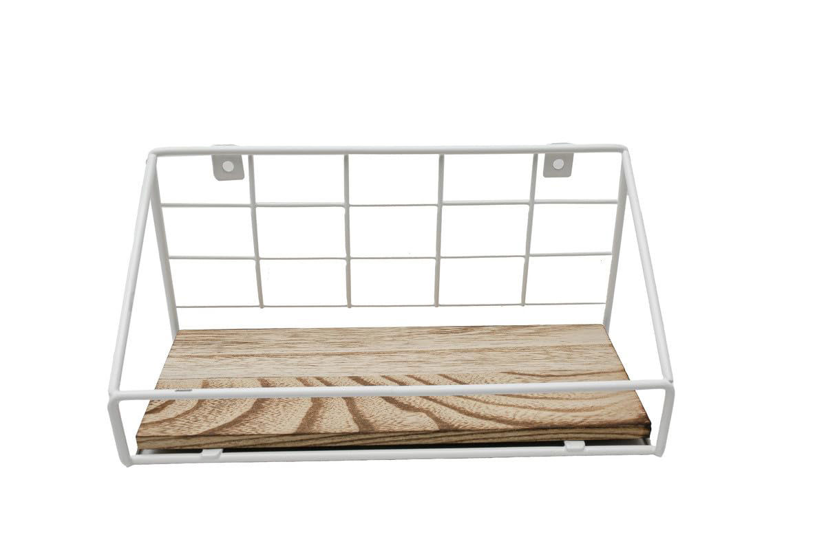 Wall-Mounted Steel Wire Shelf with Wood Base, White