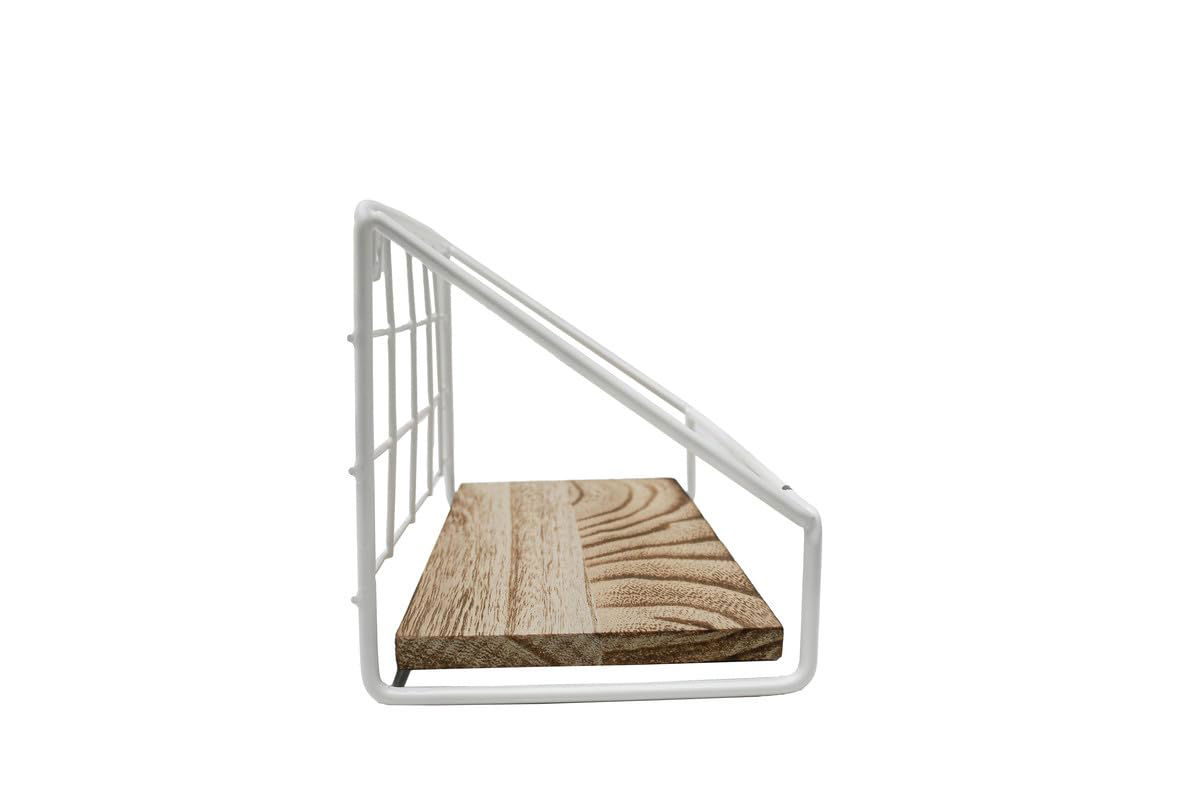 Wall-Mounted Steel Wire Shelf with Wood Base, White
