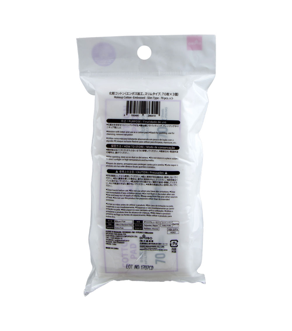 Makeup Cotton – Embossed Slim Type,  White (70 Pcs - 3 Pack)