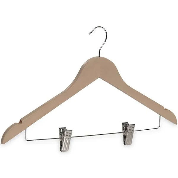 Wooden Clothes Hanger with Metal Clips – Beige Finish