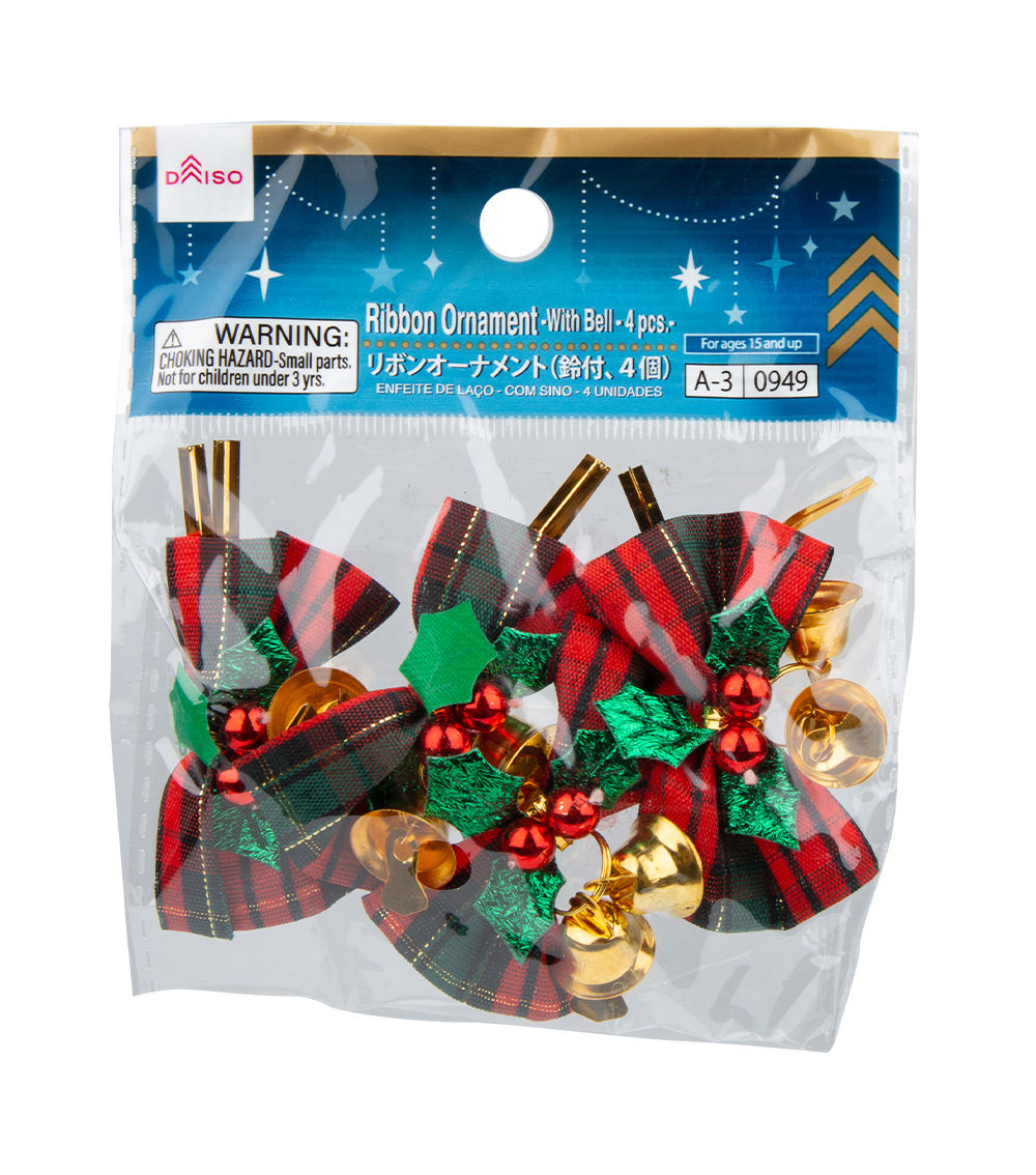 Christmas Ribbon Ornament – With Bell, 4 pcs, Assorted (1pc)