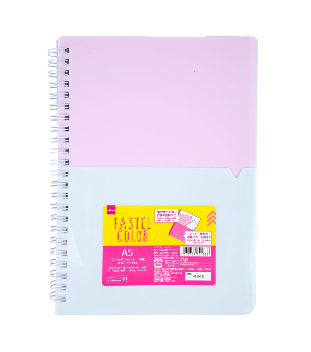 Pastel Spiral Notebook -A5 - 70 Pages - With Front Pocket-