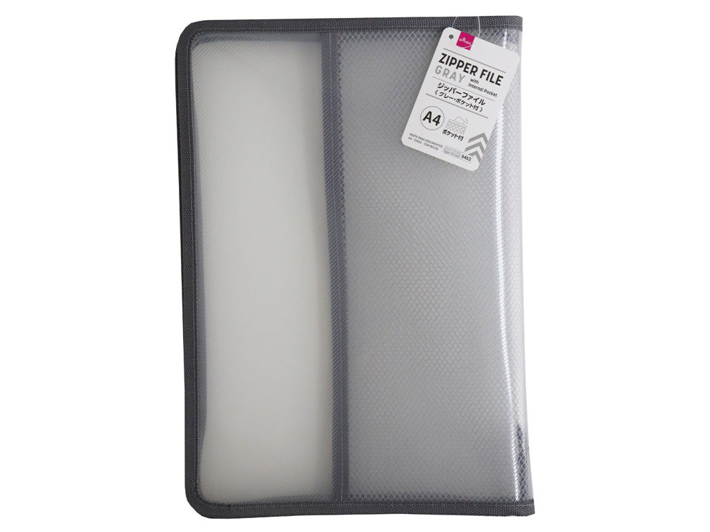 A4 Zipper File With Internal Pocket, Grey & White
