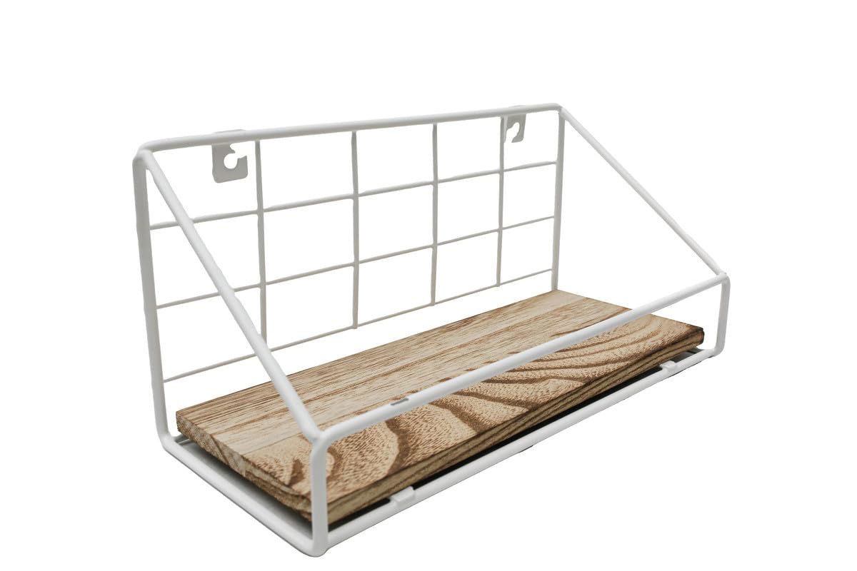 Wall-Mounted Steel Wire Shelf with Wood Base, White