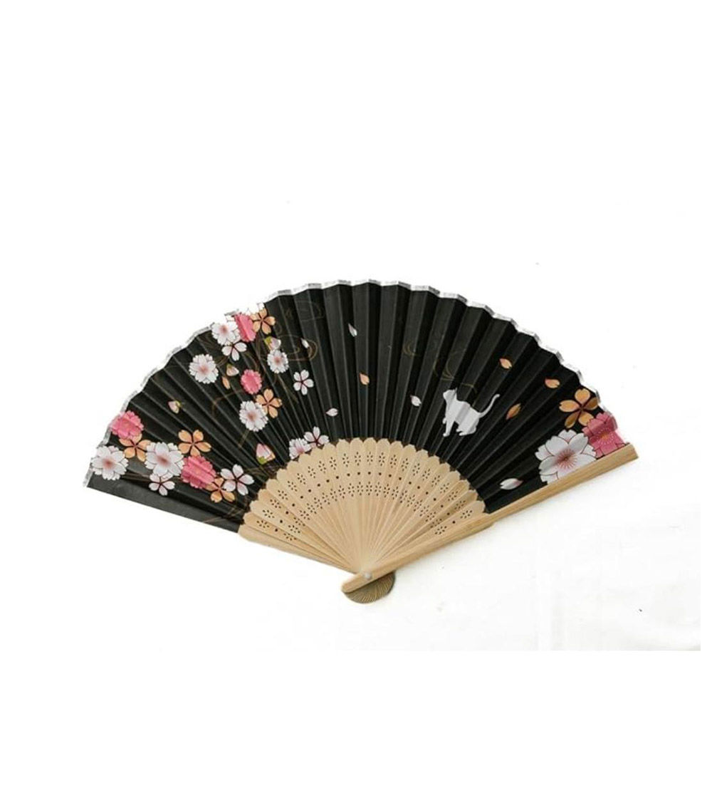 Paper Folding Fan (21 cm, Cat and Cherry Blossom Design)