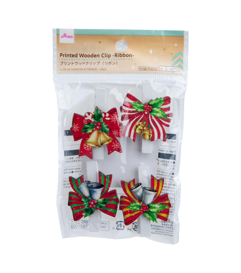Christmas Printed Wooden Clip – Ribbon, (4 pcs)