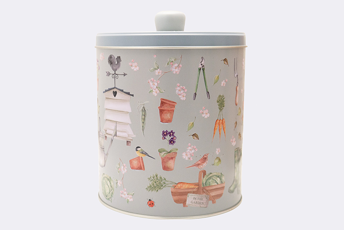 Embossed garden & beehive round tin