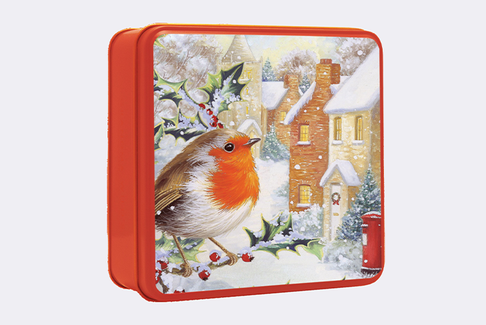 Embossed Snowy Robin Square Biscuit Tin 160g