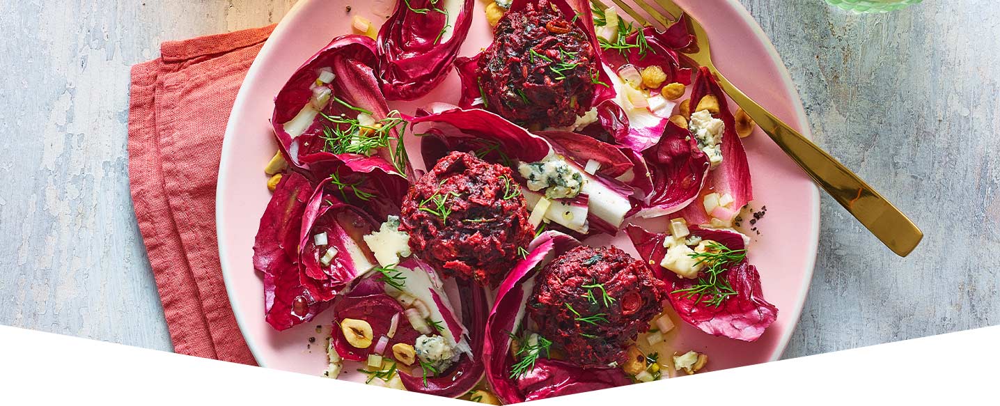 Beetroot Fritters with Leafy Blue Cheese and Hazelnut Salad