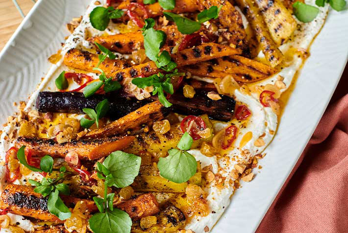 Barbecued carrot, ricotta, almond salad with sultana dressing