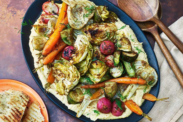 Warm Roasted Allotment Salad with Hummus