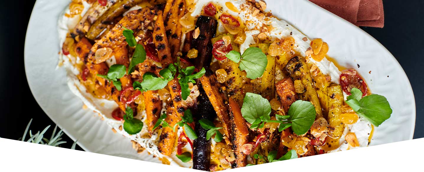 Barbecued carrot, ricotta, almond salad with sultana dressing