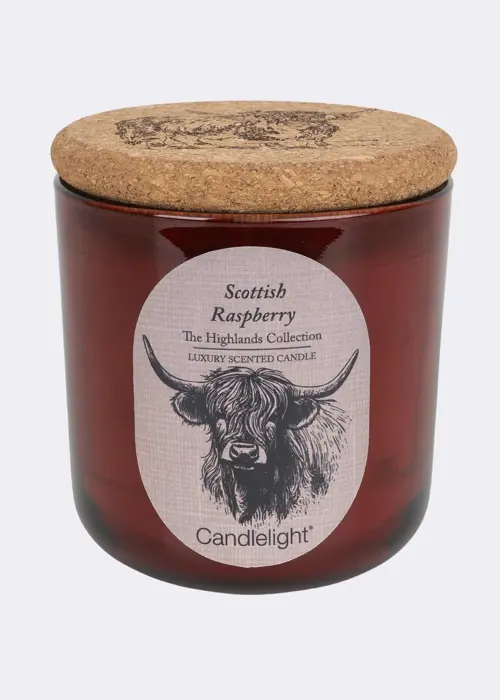 A photo of Scottish Raspberry Single Wick Glass Candle With Cork Lid