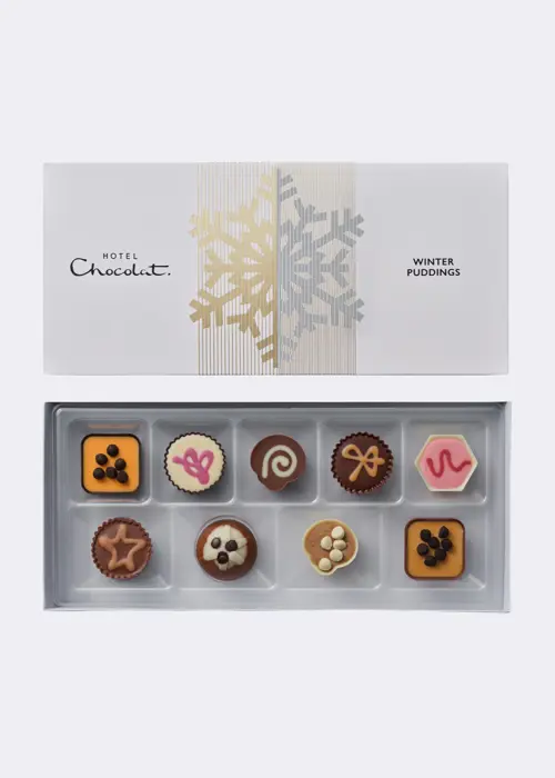 A photo of Hotel Chocolat Winter Puddings Chocolate Box 9 Piece
