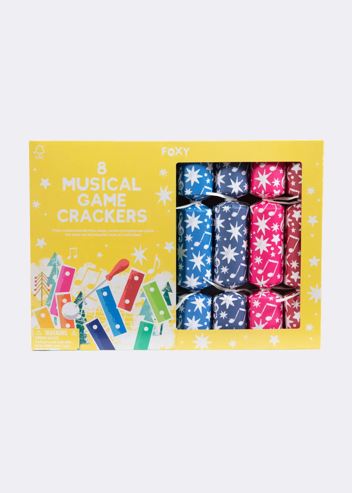 A photo of Pack of 8 Foxy Xylophone Musical Game Christmas Crackers