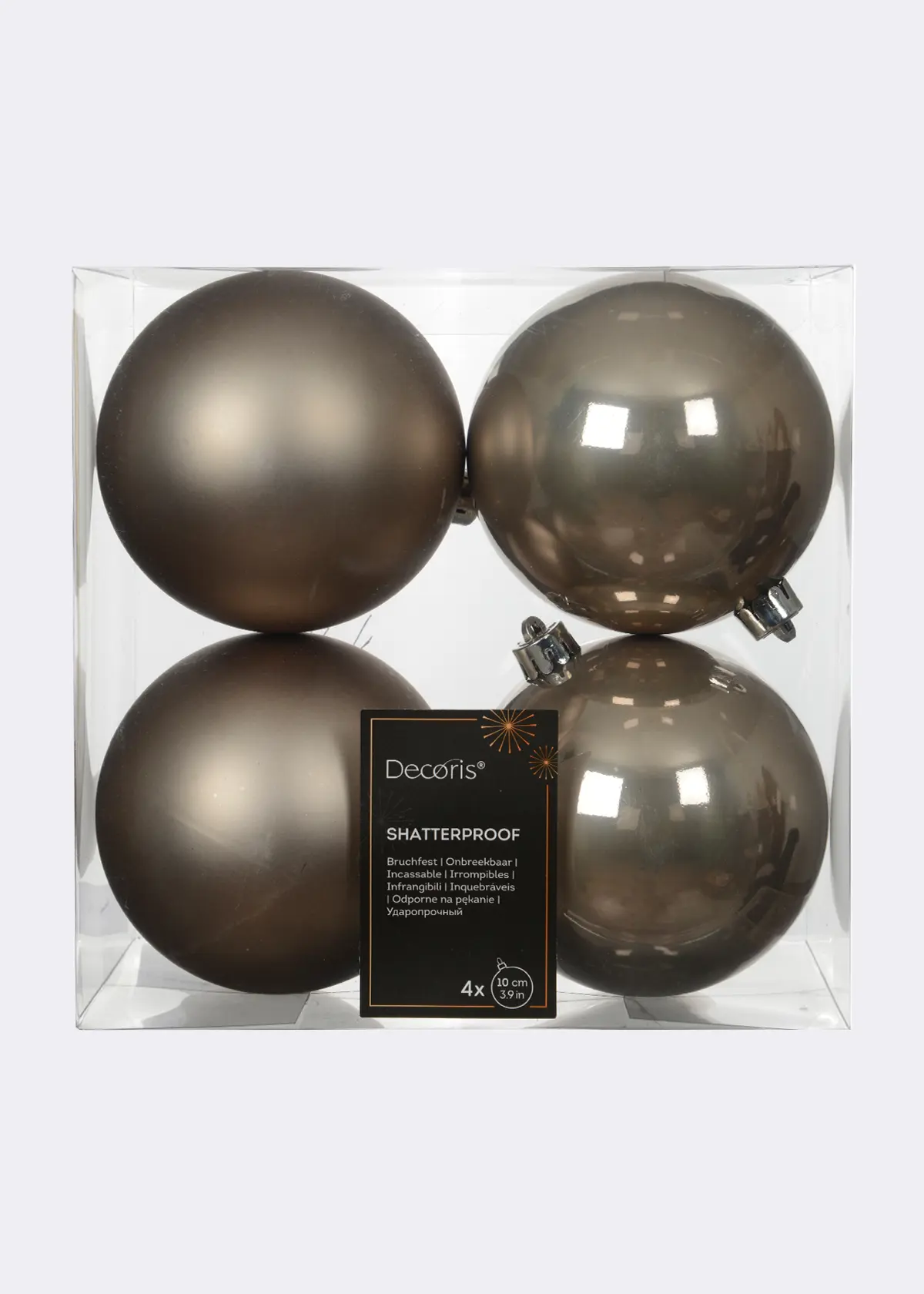 A photo of Pack of 4 Shatterproof Smokey Pearl Baubles 10cm