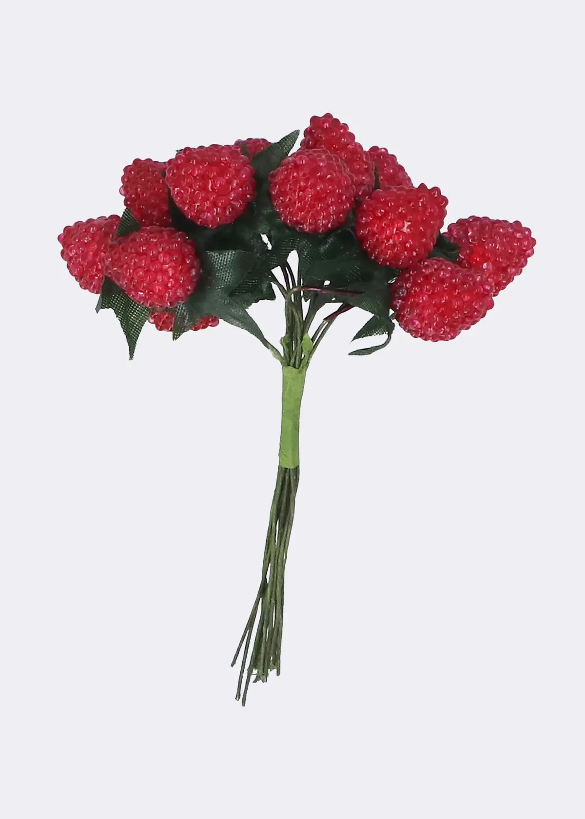 A photo of Faux Raspberries With Leaves Pick 11cm