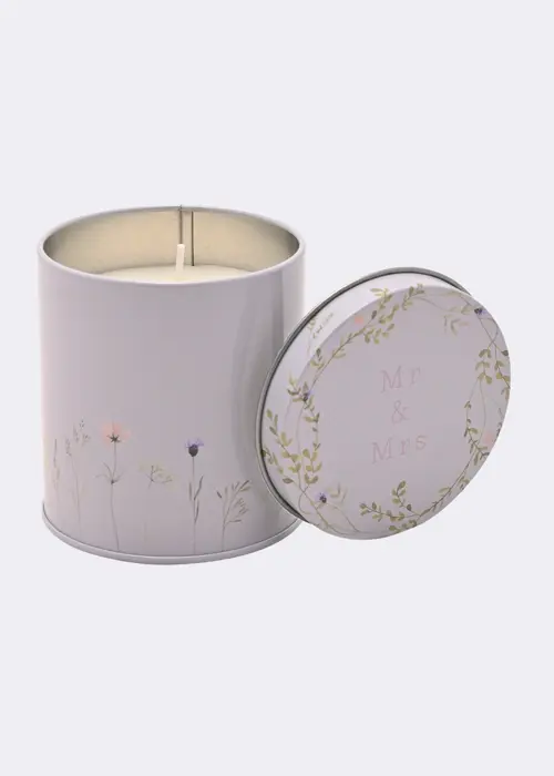 A photo of Love Story Wildflower Mr & Mrs Happily Ever After Tin Candle