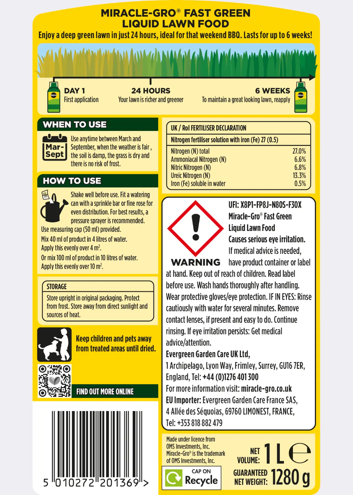 A photo of Miracle-Gro Fast Green Lawn Concentrate 1L