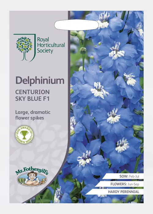 A photo of RHS Delphinium Centurion Sky Blue F1 Seeds