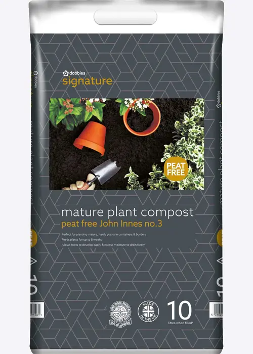 A photo of 10L Dobbies Peat Free No 3 Mature Plant Compost +JI